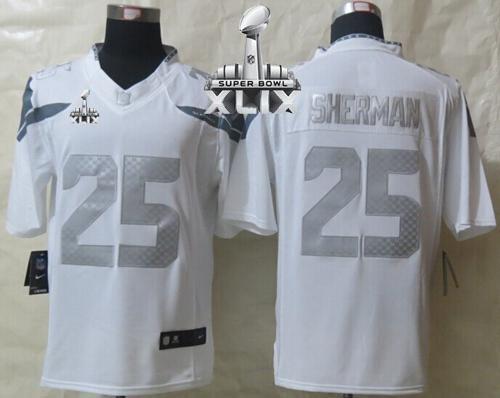 Nike Seahawks #25 Richard Sherman White Super Bowl XLIX Men's Stitched NFL Limited Platinum Jersey