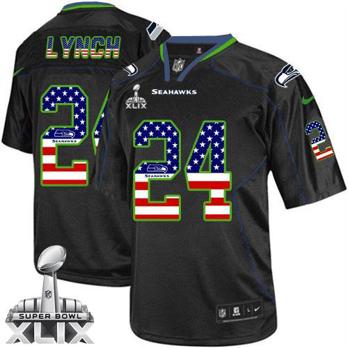 Nike Seahawks #24 Marshawn Lynch Black Super Bowl XLIX Men's Stitched NFL Elite USA Flag Fashion Jersey