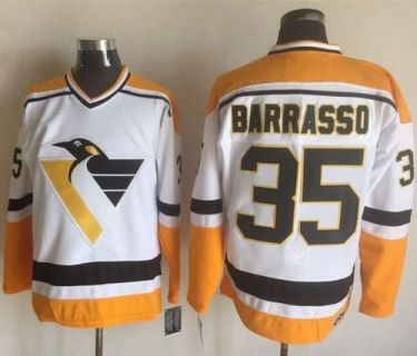 Pittsburgh Penguins #35 Tom Barrasso White Yellow CCM Throwback Stitched NHL Jersey
