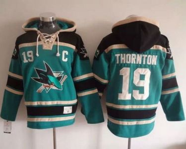 San Jose Sharks #19 Joe Thornton Teal Sawyer Hooded Sweatshirt Stitched NHL Jersey