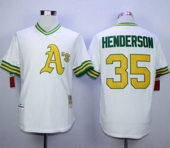 Oakland Athletics #35 Rickey Henderson White Mitchell And Ness Stitched MLB Jersey