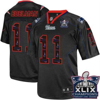 New England Patriots #11 Julian Edelman New Lights Out Black Super Bowl XLIX Champions Patch Men's Stitched NFL Elite Jersey