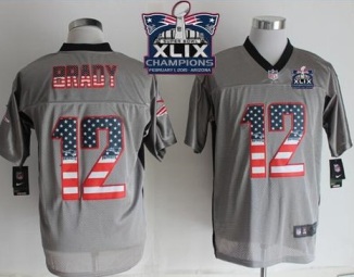 New England Patriots #12 Tom Brady Grey Super Bowl XLIX Champions Patch Men's Stitched NFL Elite USA Flag Fashion Jersey
