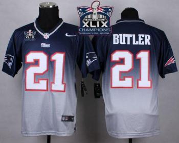 New England Patriots #21 Malcolm Butler Navy Blue Grey Super Bowl XLIX Champions Patch Men's Stitched NFL Elite Fadeaway Fashion Jersey