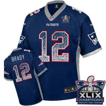 New England Patriots #12 Tom Brady Navy Blue Team Color Super Bowl XLIX Champions Patch Men's Stitched NFL Elite Drift Fashion Jersey