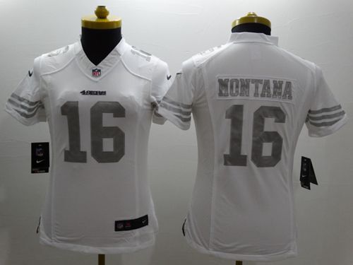 Women's Nike San Francisco 49ers #16 Joe Montana White Stitched NFL Limited Platinum Jersey