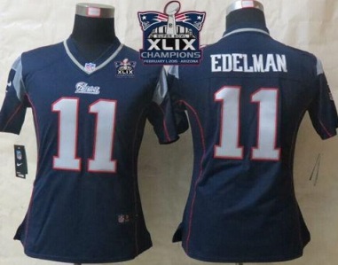 Women's New England Patriots #11 Julian Edelman Navy Blue Team Color Super Bowl XLIX Champions Patch Stitched NFL Jersey
