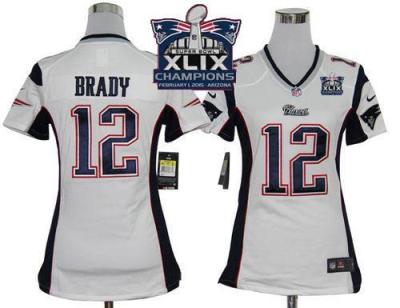 Women's New England Patriots #12 Tom Brady White Super Bowl XLIX Champions Patch Stitched NFL Jersey