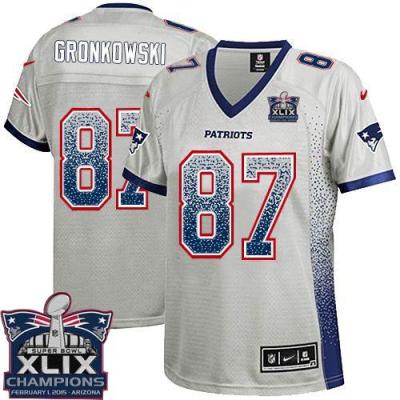 Women's New England Patriots #87 Rob Gronkowski Grey Super Bowl XLIX Champions Patch Stitched NFL Drift Fashion Jersey