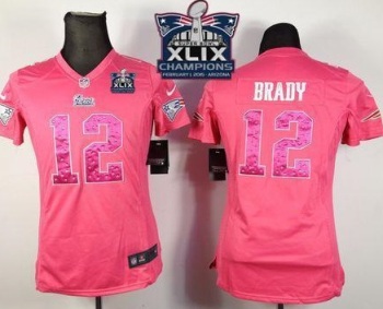 Women's New England Patriots #12 Tom Brady Pink Sweetheart Super Bowl XLIX Champions Patch Stitched NFL Jersey