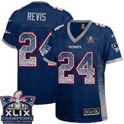 Women's New England Patriots #24 Darrelle Revis Navy Blue Team Color Super Bowl XLIX Champions Patch Stitched NFL Drift Fashion Jersey
