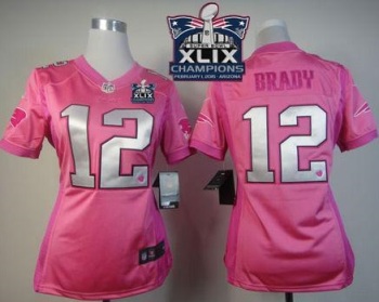 Women's New England Patriots #12 Tom Brady Pink Super Bowl XLIX Champions Patch Be Luv'd Stitched NFL Jerseys