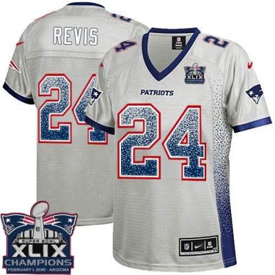 Women's New England Patriots #24 Darrelle Revis Grey Super Bowl XLIX Champions Patch Stitched NFL Drift Fashion Jersey