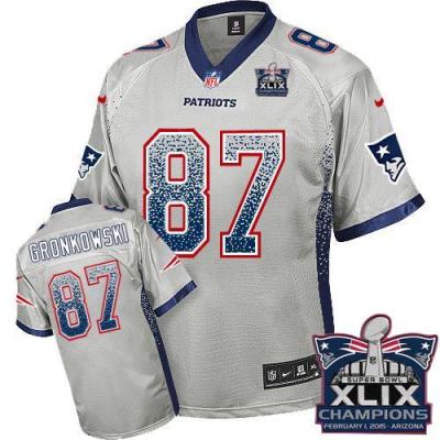 Youth New England Patriots #87 Rob Gronkowski Grey Super Bowl XLIX Champions Patch Stitched NFL Drift Fashion Jersey