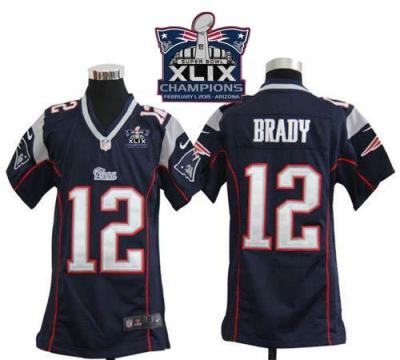 Youth New England Patriots #12 Tom Brady Navy Blue Team Color Super Bowl XLIX Champions Patch Stitched NFL Jersey