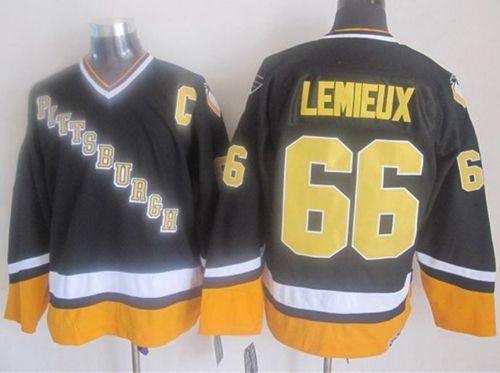 Pittsburgh Penguins #66 Mario Lemieux Black Yellow CCM Throwback Stitched NHL Jersey