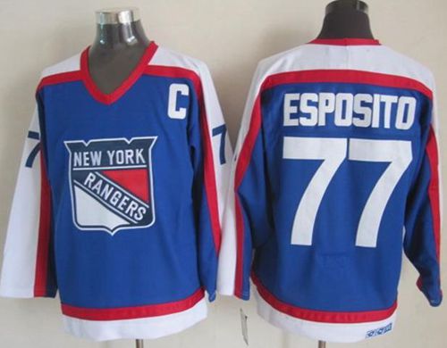 New York Rangers #77 Phil Esposito Blue White CCM Throwback Stitched NHL Jersey