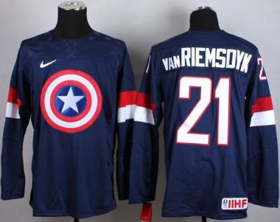 Olympic Team USA #21 James van Riemsdyk Navy Blue Captain America Fashion Stitched NHL Jersey