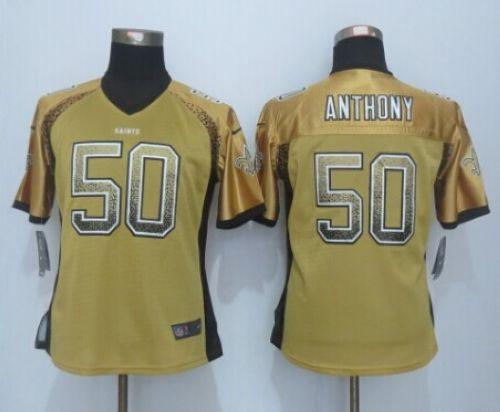 Women's Nike Saints #50 Stephone Anthony Gold Stitched NFL Elite Drift Fashion Jersey