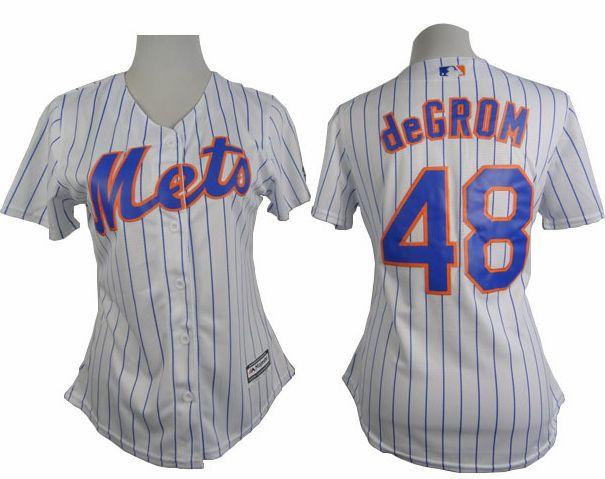 Women's Mets #48 Jacob deGrom White(Blue Strip) Home Stitched Baseball Jersey