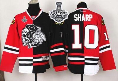 Blackhawks #10 Patrick Sharp Red Black Split White Skull 2015 Stanley Cup Stitched NHL Jersey