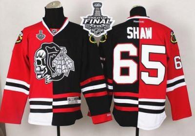 Blackhawks #65 Andrew Shaw Red Black Split White Skull 2015 Stanley Cup Stitched NHL Jersey