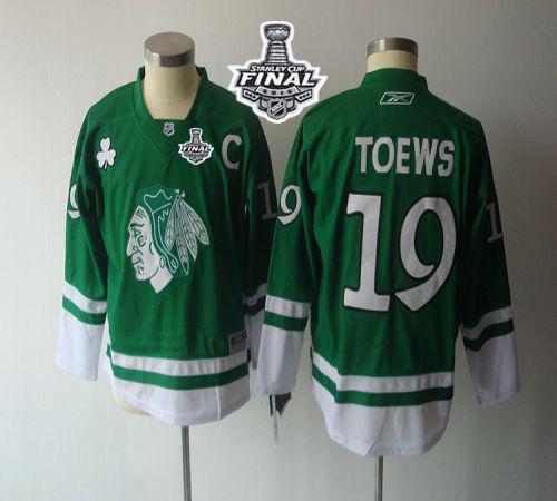Youth Blackhawks #19 Jonathan Toews Green St. Patty's Day 2015 Stanley Cup Stitched NHL Jersey