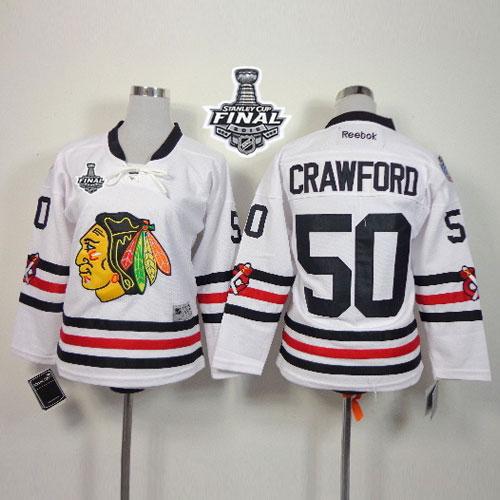 Youth Blackhawks #50 Corey Crawford White 2015 Winter Classic Stanley Cup Stitched NHL Jersey
