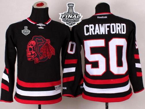 Youth Blackhawks #50 Corey Crawford Black(Red Skull) 2014 Stadium Series 2015 Stanley Cup Stitched NHL Jersey