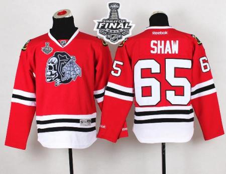 Youth Blackhawks #65 Andrew Shaw Red(White Skull) 2015 Stanley Cup Stitched NHL Jersey