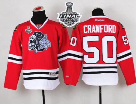 Youth Blackhawks #50 Corey Crawford Red(White Skull) 2015 Stanley Cup Stitched NHL Jersey