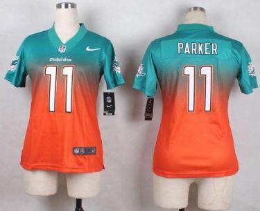 Women's Nike Dolphins #11 DeVante Parker Aqua Green Orange Stitched NFL Elite Fadeaway Fashion Jersey