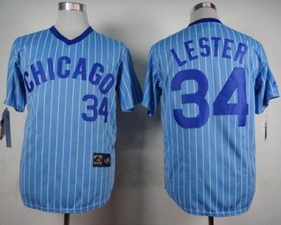 Cubs #34 Jon Lester Blue(White Strip) Cooperstown Throwback Stitched Baseball Jersey