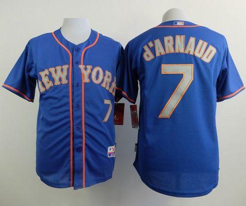 Mets #7 Travis d'Arnaud Blue(Grey NO.) Alternate Road Cool Base Stitched Baseball Jersey