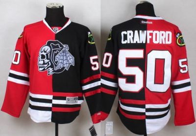 Blackhawks #50 Corey Crawford Red Black Split White Skull Stitched NHL Jersey