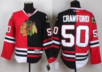 Blackhawks #50 Corey Crawford Red Black Split Stitched NHL Jersey