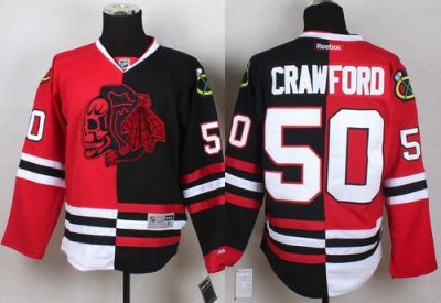 Blackhawks #50 Corey Crawford Red Black Split Red Skull Stitched NHL Jersey
