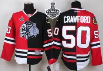 Blackhawks #50 Corey Crawford Red Black Split White Skull 2015 Stanley Cup Stitched NHL Jersey