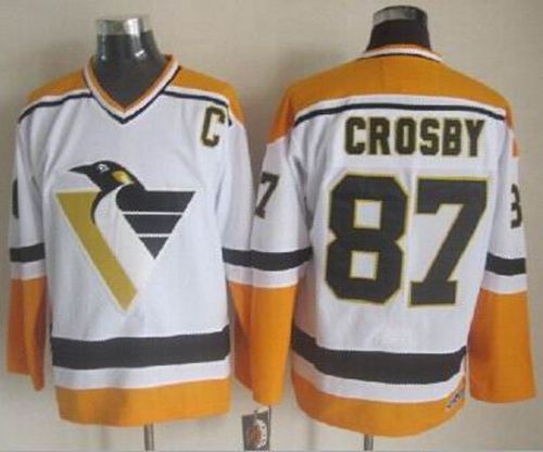 Penguins #87 Sidney Crosby White Yellow CCM Throwback Stitched NHL Jersey