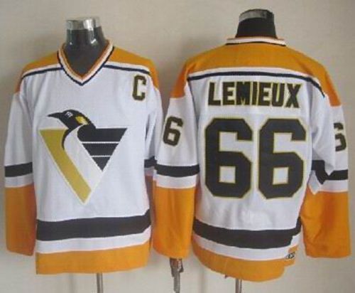 Penguins #66 Mario Lemieux White Yellow CCM Throwback Stitched NHL Jersey