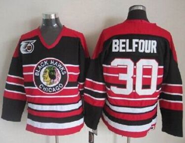 Blackhawks #30 ED Belfour Red Black 75TH CCM Stitched NHL Jersey