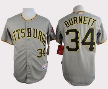 Pirates #34 A. J. Burnett Grey Cool Base Stitched Baseball Jersey