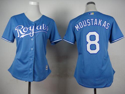 Women's Royals #8 Mike Moustakas Light Blue Alternate 1 Stitched Baseball Jersey