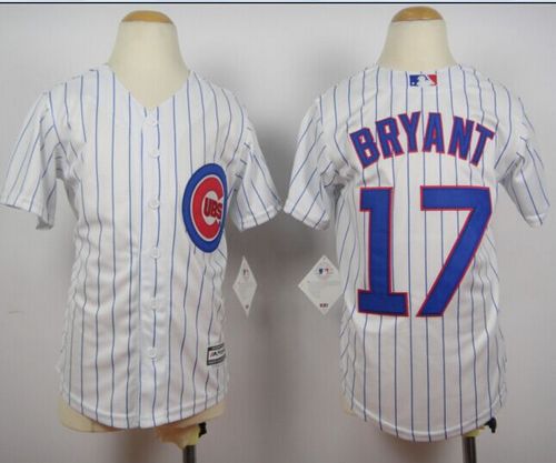 Youth Cubs #17 Kris Bryant White(Blue Strip) Cool Base Stitched Baseball Jersey