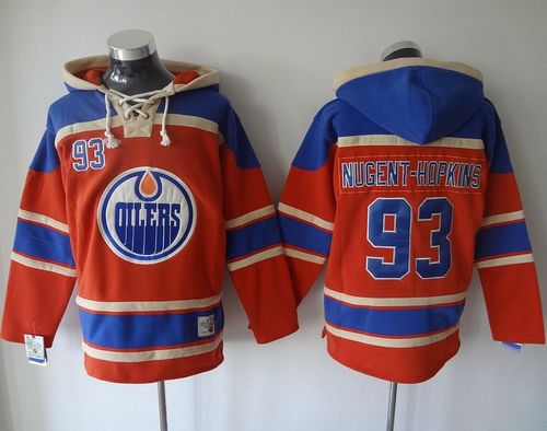 Oilers #93 Ryan Nugent-Hopkins Orange Sawyer Hooded Sweatshirt Stitched NHL Jersey