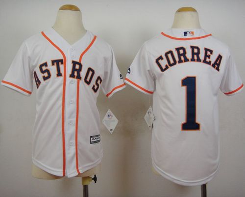 Youth Astros #1 Carlos Correa White Cool Base Stitched Baseball Jersey