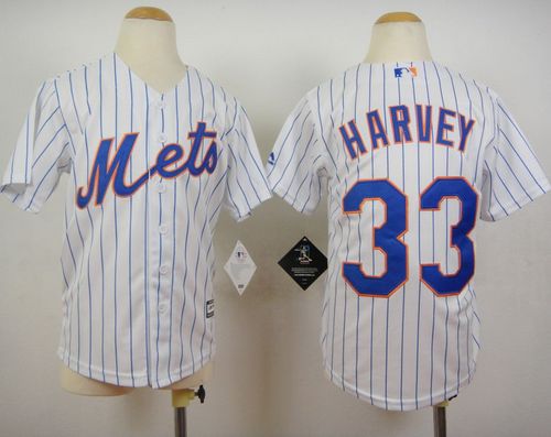 Youth Mets #33 Matt Harvey White(Blue Strip) Home Cool Base Stitched Baseball Jersey