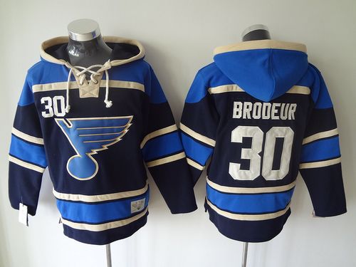 Blues #30 Martin Brodeur Navy Blue Sawyer Hooded Sweatshirt Stitched NHL Jersey