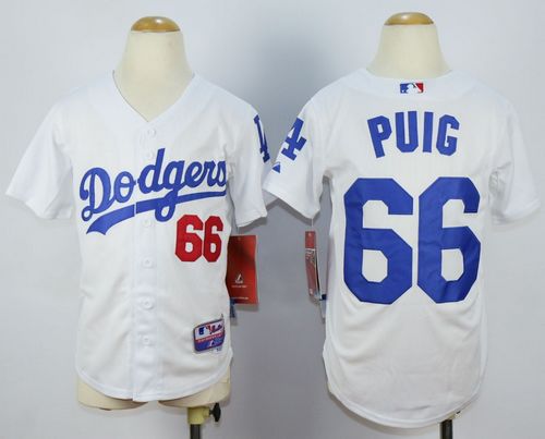 Youth Dodgers #66 Yasiel Puig White Cool Base Stitched Baseball Jersey