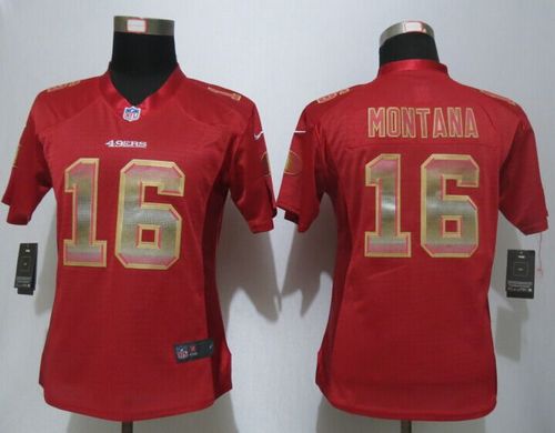 Women's Nike 49ers #16 Joe Montana Red Team Color Stitched NFL Elite Strobe Jersey